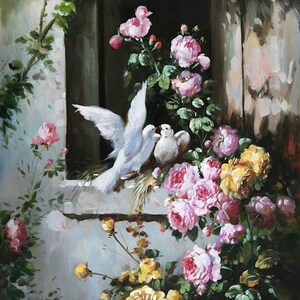 White Pigeons and Roses  |Designer Decor Decoupage Tissue Paper. 18lb paper |  17”x23”