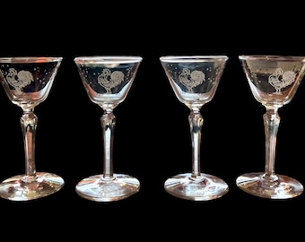 Artículos de bar de mediados de siglo / Copas de cóctel Libbey Rock Sharpe Chanticleer "Drunken Rooster"