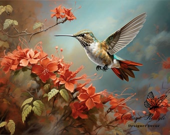 May include: A hummingbird in flight with its wings spread wide, hovering near a cluster of bright orange flowers. The background is a soft blue with hints of white clouds.