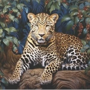 May include: A close-up of a leopard with brown and black spots, sitting on a tree branch in a lush green jungle setting.