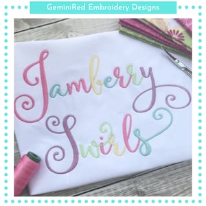 May include: Embroidered design on a white t-shirt that says "Jamberry Swirls" in a colorful script font.