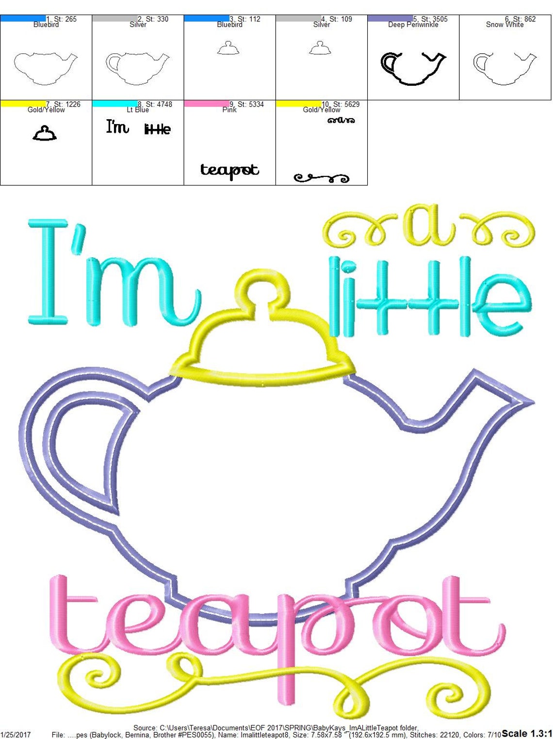 I'm a Little Teapot Applique Design 4x4 5x7 6x10 8x8 Etsy