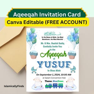 Modèle de toile de carte d'invitation Aqeeqah bleu modifiable, téléchargement immédiat pour bébé garçon, faire-part de bébé personnalisable, imprimer ou partager en ligne