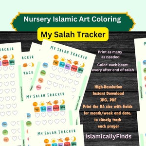 Salah-tracker voor islamitische kinderen | Afdrukbare dagelijkse Salah-grafiek voor kinderen, moslim kindercadeau, thuisschool kinderdagverblijf muur decor poster islamitische kunst