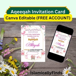 Aqeeqah Invitation Card Pink Editable Canva Template Baby Girl Aqeeqah Ceremony Invite Occasion / Personalizzabile con account Canva gratuito