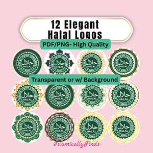 12 halal-logo-ontwerpen direct downloaden, elegante halal-certificeringsbadges, labels islamitisch eten, hoge kwaliteit png-pdf-bestanden islam