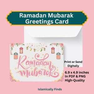 Cartão de Saudações Ramadan Mubarak para Impressão Ramadan Kareem Design Floral Islâmico Feminino Download Digital Cartão de Saudações Muçulmano de Alta Qualidade