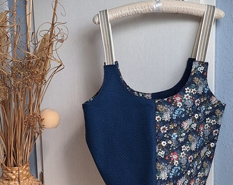 Einkaufstasche, Baumwollstoffbeutel, Blau mit Blümchen, passendes Geschenk zum Muttertag mit kleiner Innentasche