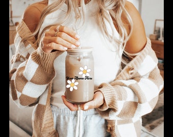 Personalisierte Becher Retro Blume Eiskaffee Glastasse, Gänseblümchen Glastasse, Eiskaffeetasse, Muttertagsgeschenke, Frühlingsbecher, Oma Tasse