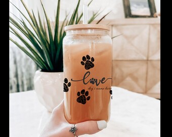 Custom Dog Beer Can Glass with Bamboo Lid and Straw, Dog Mom Glass Mug, Dog Lover Gift, Iced Coffee Cup, Pet Personalized Coffee Glass