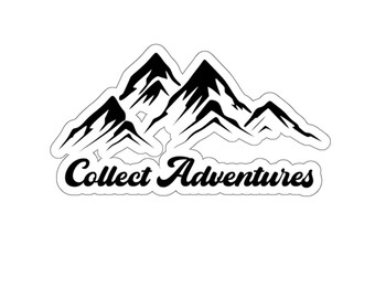 May include: Black and white illustration of a mountain range with the text "Collect Adventures" below.