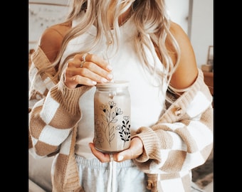 Glass Tumbler, Iced Coffee Glass, Retro Flower Iced Coffee Cup, Daisy Glass Cup, Iced Coffee Cup, Beer, Spring Tumblers, Wildflower Glass