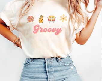 Camiseta Retro Groovy Comfort Colors, camiseta retro Good Vibes, camiseta con flores de Rerto, bola de discoteca, regalo para ella, camiseta de los años 70, camiseta con margaritas, regalo