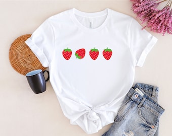 ベリーグッド ストロベリープリント レトロシャツ、ストロベリーシャツ、ボタニカルシャツ フルーツTシャツ、フルーツシャツ、フルーツプリントシャツ、ストロベリーシャツ