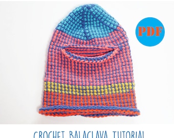 Balaclava/Mask PDF Tutorial - Made with Tunisian Stitch in the round - Step by step intructions wth photos