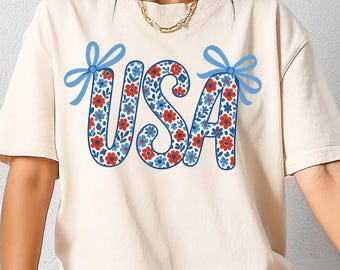 Comfort Colors Floral USA Shirt, 4th of July Shirt, Girly American Shirt, Fourth of July Shirt, Patriotic Women Shirt