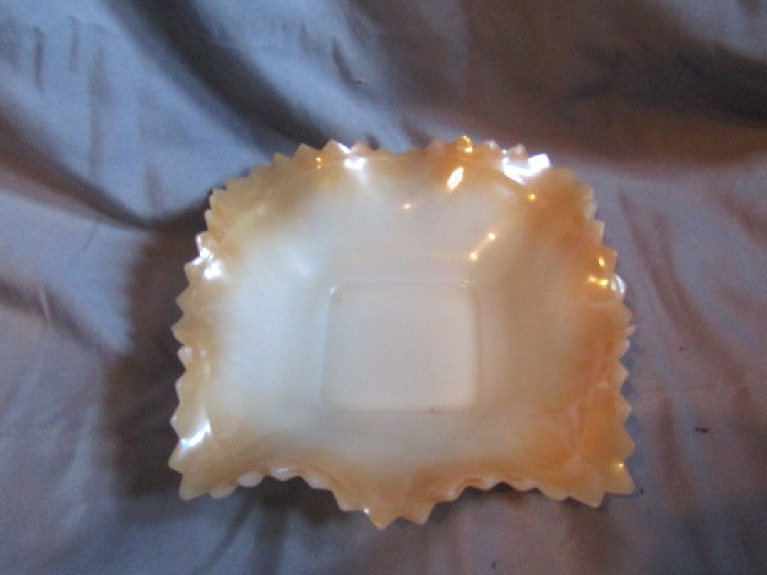 Vintage Milk Glass Square Candy Dish Bowl Diamond Cut Ruffled Edge
