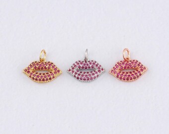 18K Gold Filled Lips Pendant,CZ Micro Pave Lips Charm Bracelet Necklace for DIY Jewelry Making Supply