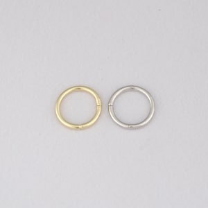 Könnte beinhalten: Zwei kreisförmige Scharnierringe, einer goldfarben und einer silberfarben, werden vor einem weißen Hintergrund gezeigt. Die Ringe sind einfach gestaltet und verfügen über einen kleinen Scharniermechanismus zum Öffnen und Schließen.