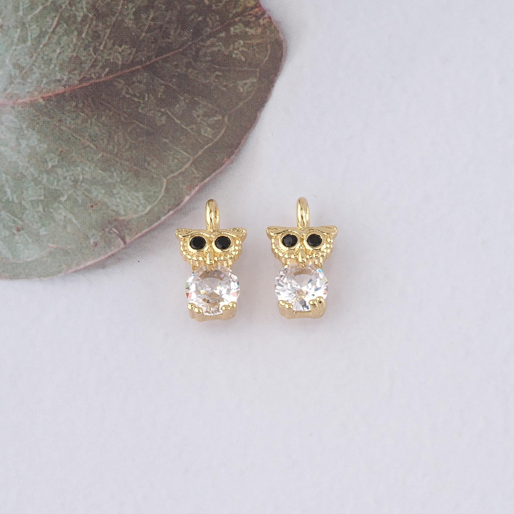 18K Gold Filled Owl Pendant,CZ Micro Pave Owl Charm Bracelet Necklace for DIY Jewelry Making Supply