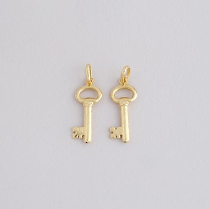 Puede incluir: Dos colgantes dorados con forma de llave, con un diseño clásico de llave esqueleto. Cada llave tiene un lazo en la parte superior para colgar y un paletón detallado. Las llaves se muestran sobre un fondo blanco liso.