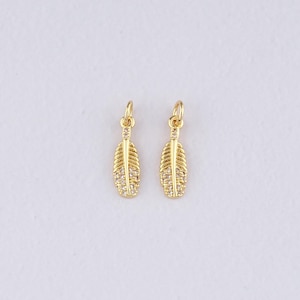 18K Gold Filled Feather Pendant,CZ Micro Pave Feather Charm Bracelet Necklace for DIY Jewelry Making Supply