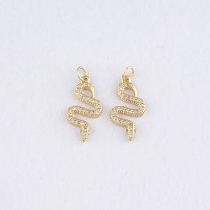 May include: Two gold-colored snake charms with clear, sparkling accents. Each charm is in a serpentine shape, with a loop at the top for attaching to jewelry. The charms are set against a white background.