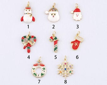 18K Gold Filled Christmas Pendant,Enamel Christmas Charm Bracelet Necklace for DIY Jewelry Making Supply
