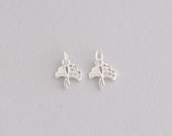 Silver Ginkgo Leaf Pendant,CZ Leaf Charm Bracelet Necklace for DIY Jewelry Making Supply