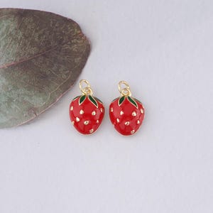 18K Gold Filled Strawberry Pendant,Enamel Fruit Strawberry Charm Bracelet Necklace for DIY Jewelry Making Supply