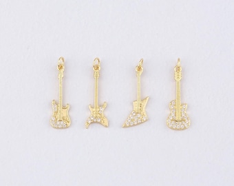 18K Gold Filled Guitar Pendant,CZ Micro Pave Guitar Charm Bracelet Necklace for DIY Jewelry Making Supply