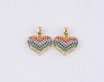 18K Gold Filled Rainbow Heart Pendant,CZ Micro Pave Heart Charm Bracelet Necklace for DIY Jewelry Making Supply