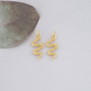 May include: Two gold snake charms with a textured surface. The charms are hanging from a jump ring.