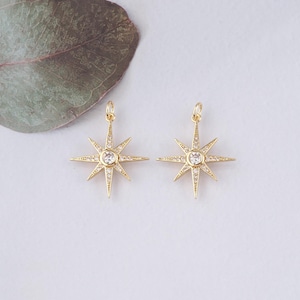 May include: Two gold star-shaped charms with a clear crystal in the centre. Each charm has a small loop at the top for attaching to a necklace or bracelet.