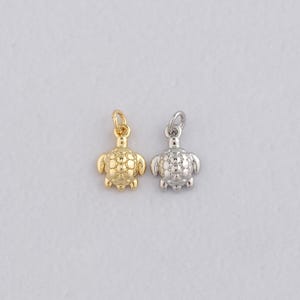 May include: Two small turtle charms. One is gold-colored, the other is silver-colored. Each charm has a loop at the top for attaching to a necklace or bracelet. The turtles have detailed shells and small flippers.