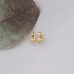 Op de afbeelding: Een paar gouden metalen oorbelsluitingen. De sluitingen zijn rond en hebben een kleine lus aan de bovenkant.