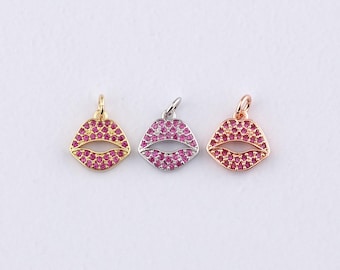 18K Gold Filled Lips Pendant,CZ Micro Pave Lips Charm Bracelet Necklace for DIY Jewelry Making Supply