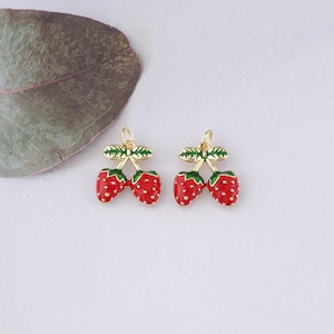 18K Gold Filled Strawberry Pendant,Enamel Fruit Strawberry Charm Bracelet Necklace for DIY Jewelry Making Supply