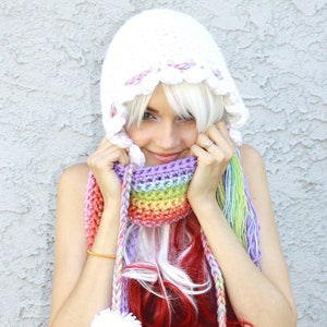 Pastel Magic Rainbow Prism Cloud Hooded Scoofie Scarf w/ Hood, Drawstrings, Tassels Happy Raincloud Pastel Goth Kawaii Costume image 1