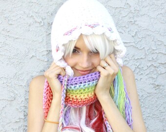 Pastel Magic Rainbow Prism Cloud Hooded Scoofie - Scarf w/ Hood, Drawstrings, Tassels - Happy Raincloud Pastel Goth Kawaii Costume