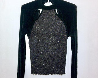 Vintage Rainbow Sparkly Black Long Sleeved Dance Top, Junior Women's Size Large - 1990s 90s Vintage Dance Team Jazz Class Sparkly Costume