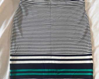 Vintage Max Studio Stretchy Bodycon Mini Skirt, Size Large - Preppy Tight Navy, Ivory, & Green Business Casual Skirt - Y2K 2000s 00s