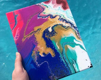 Glossy 4"x6" Print of Neon Pink, Cerulean, Teal, Orchid, Navy Blue & Gold Marbled Acrylic Pour Painting - Avante Garde Abstract Wall Art