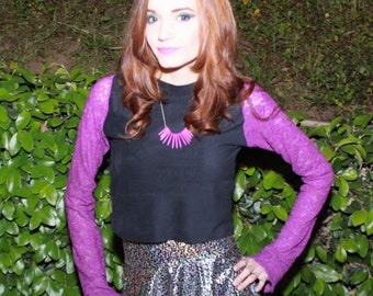 Black & Purple Long Sleeved Crop Top - Microsuede Body, Stretch Lace Flared Bell Sleeves - Size Small - Ultra Violet Purple