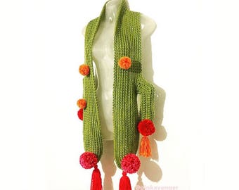 Blooming Cactus Scarf - Crocheted Handmade Vegan Friendly Acrylic Cacti Desert Wrap w/Pom Poms & Tassels - Cute Desert Style Fashion