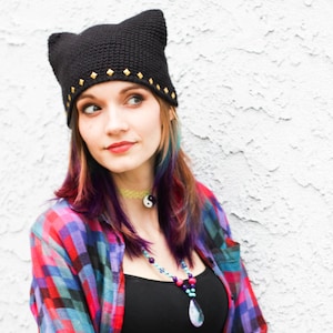 Studded Black Kitty Ear Beanie - Crocheted Cat Ear Hat - Handmade To Order With Vegan Friendly Soft Acrylic Yarn