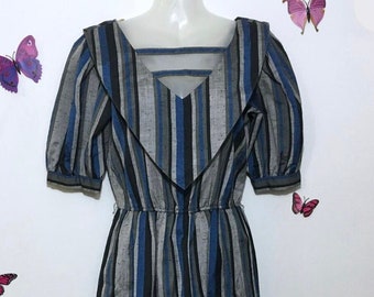 Vintage 70s blue and grey striped dress, size 9