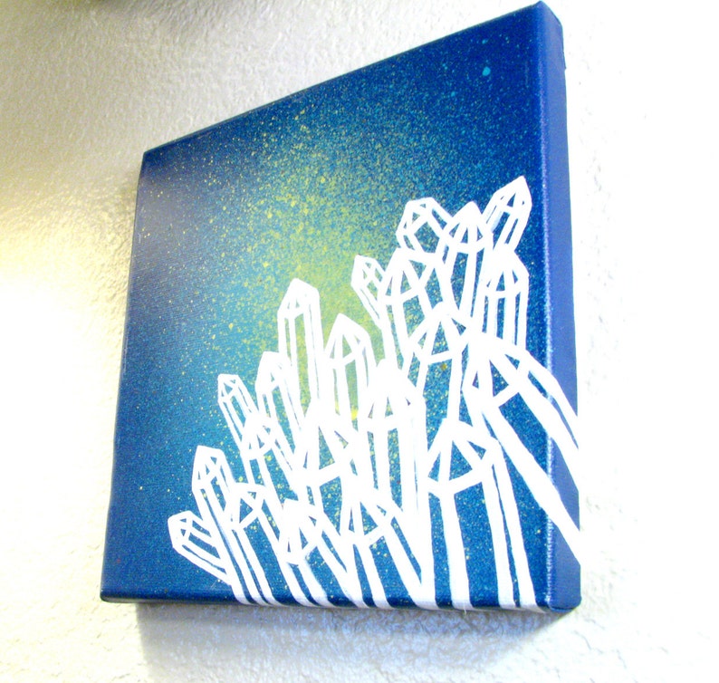 Blue & Green Splatter Painting w/ White Crystals Original, One Of A Kind, Acrylic Art 8 x 8 Inches image 7