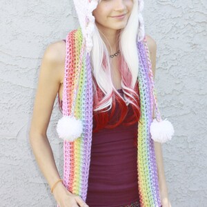 Pastel Magic Rainbow Prism Cloud Hooded Scoofie Scarf w/ Hood, Drawstrings, Tassels Happy Raincloud Pastel Goth Kawaii Costume image 3