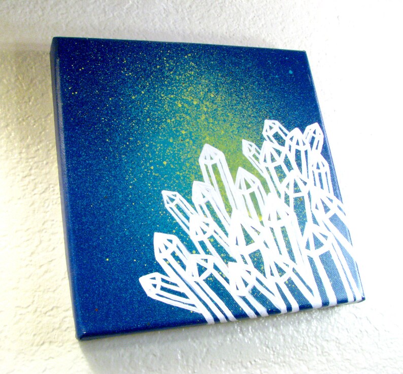 Blue & Green Splatter Painting w/ White Crystals Original, One Of A Kind, Acrylic Art 8 x 8 Inches image 6